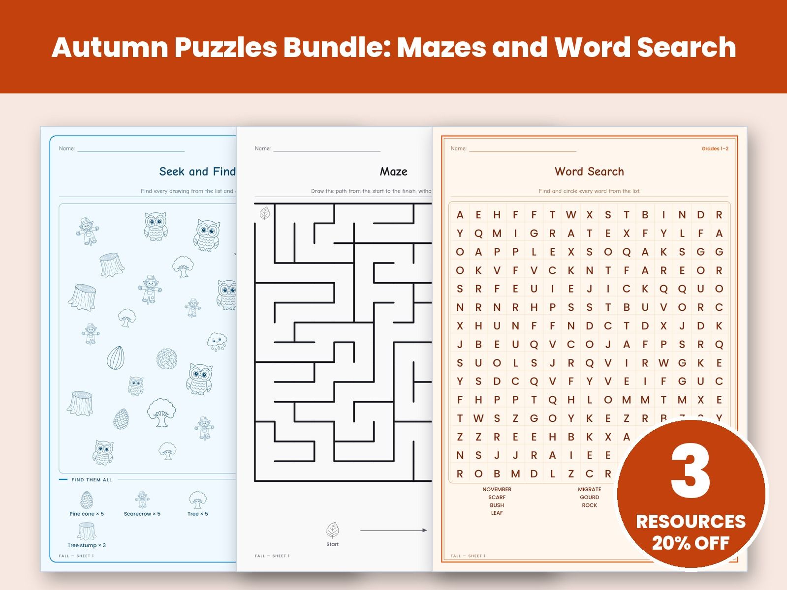 Autumn Puzzles Bundle: Mazes and Word Search