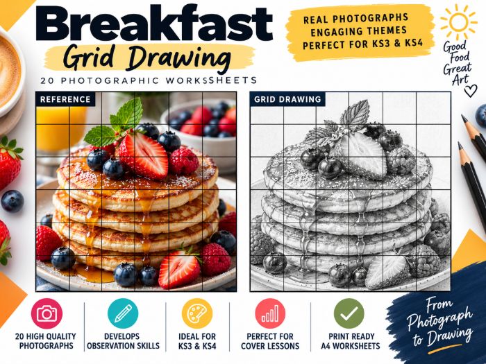 Breakfast Grid Drawing Worksheets | 20 Food Photography Art Activities | KS3 & KS4 | Observational D