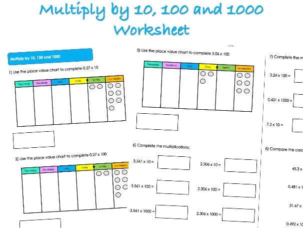 Decimals Worksheet - Multiply by 10, 100 and 1000