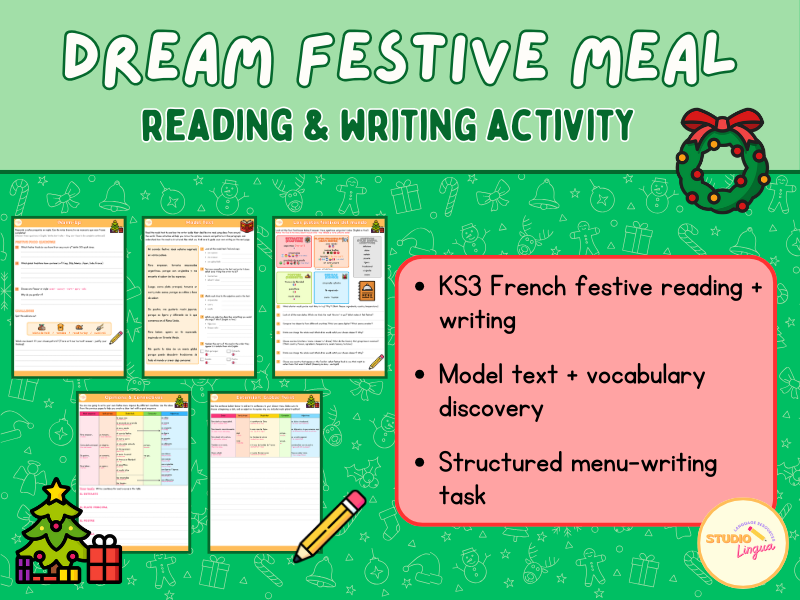 French Christmas Reading & Writing Activity | KS3 MFL | Global Festive Menu + Model Text