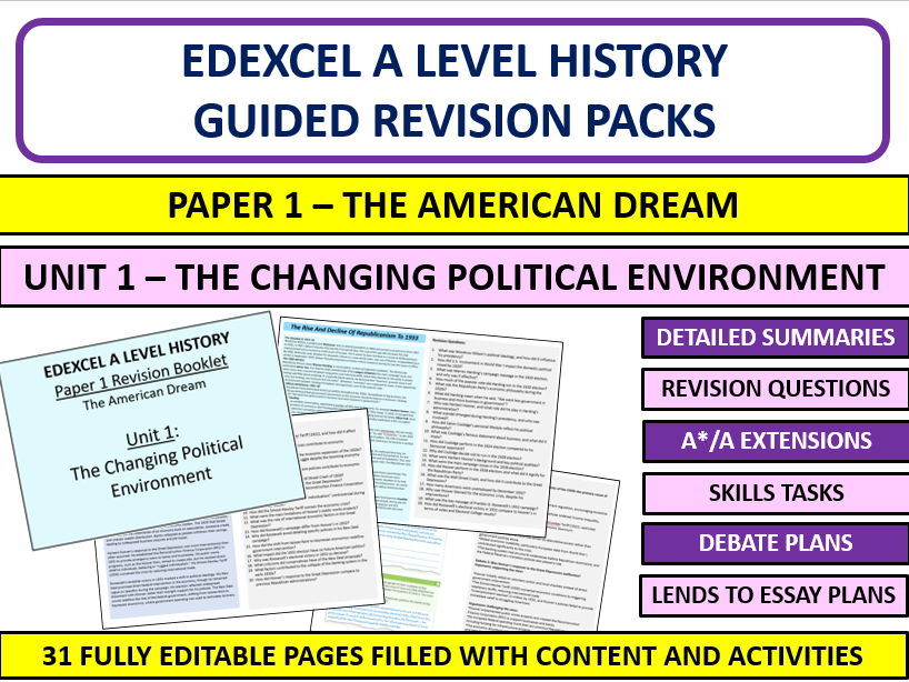 A Level History Edexcel The American Dream Unit 1 Revision Pack– The Changing Political Environm