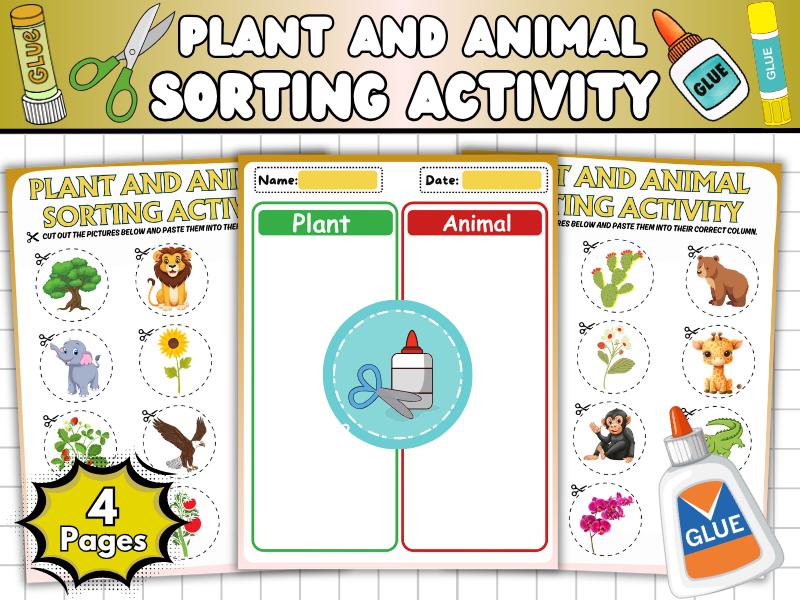 Plant and Animal Sorting Activity-Cut and Paste Activity for Kids-Worksheets