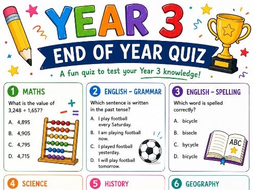 Year 3 End of Year Quiz – Fun Printable Classroom Review Worksheet