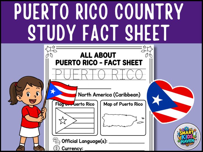 Puerto Rico Map and Flag Country Study Research Project Worksheet Geography.