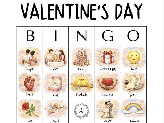 A4 - Valentine's Day Bingo Game • 36 Words • 50 Illustrated Cards (English)