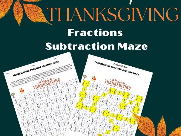 Thanksgiving Fraction Mazes | Fun Math Worksheets for Adding & Subtracting Fractions | Homeschool