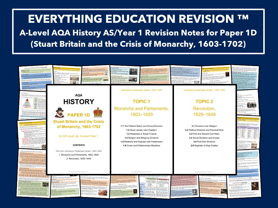 *RESOURCE BUNDLE* A-Level AQA History AS/Year 1 Revision Notes for Paper 1D (Stuart Britain & Crisis of Monarchy, 1603-1702)