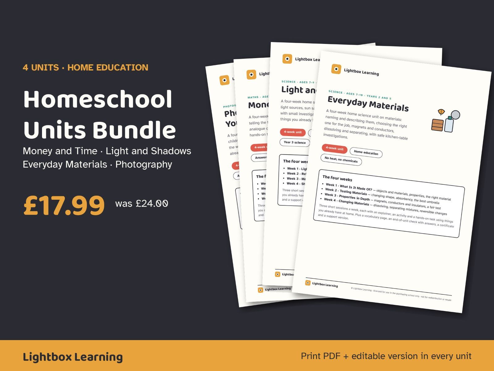 Homeschool Units Bundle - Money and Time, Light and Shadows, Everyday Materials and Photography
