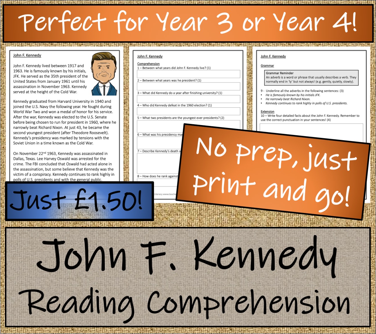 LKS2 John F. Kennedy Reading Comprehension Activity Teaching Resources