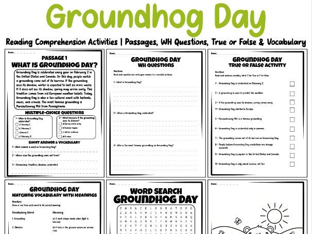 Groundhog Day Reading Comprehension Activities | Passages, WH Questions, True or False & Vocabulary