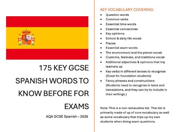 175 key words for upcoming GCSE Spanish exams (AQA)