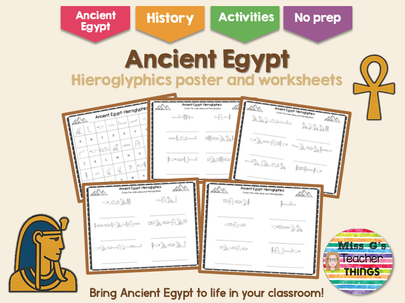 Ancient Egypt Hieroglyphics Worksheets with answers and alphabet poster