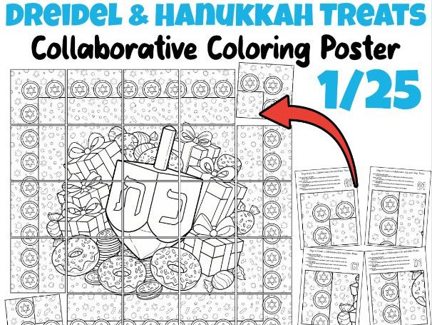 Dreidel & Hanukkah Treats – Collaborative Coloring Poster for Hanukkah