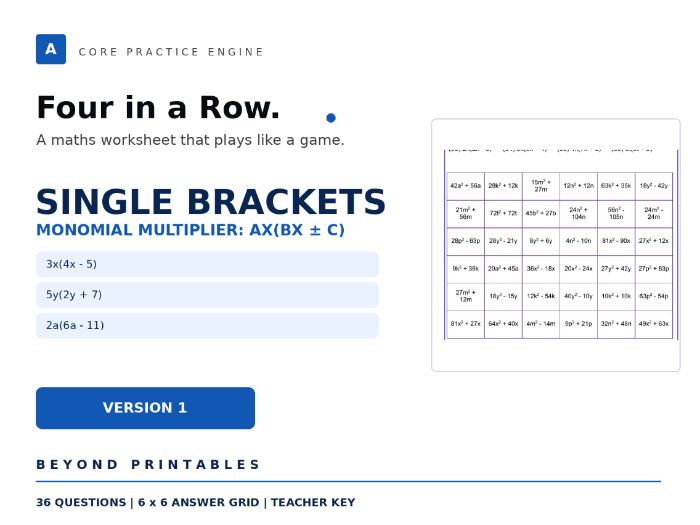Expanding and Factorising Single Brackets Four in a Row | 3x(4x-5) | Level 07 Version 1 | Maths Game