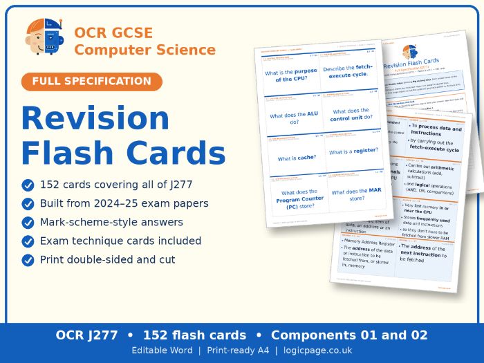 OCR GCSE Computer Science Revision Flash Cards – Full Specification J277 (152 cards)