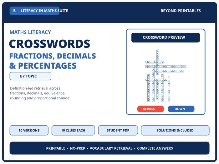Fractions, Decimals and Percentages Maths Crosswords | 10 Puzzles with Solutions