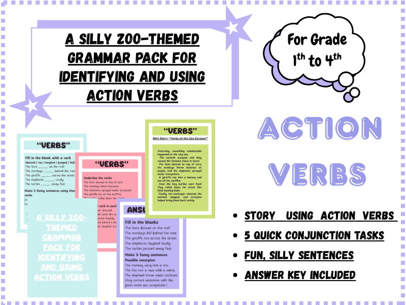 Zoo-Themed Action Verbs Grammar Pack | Identify & Use Verbs | Worksheets, Story, Activities, Answer