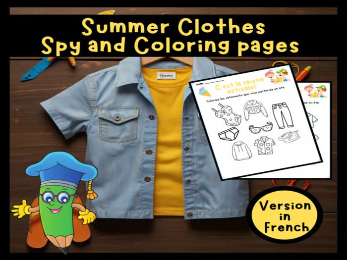 Preschool Summer Clothes: Spy and Coloring pages in French