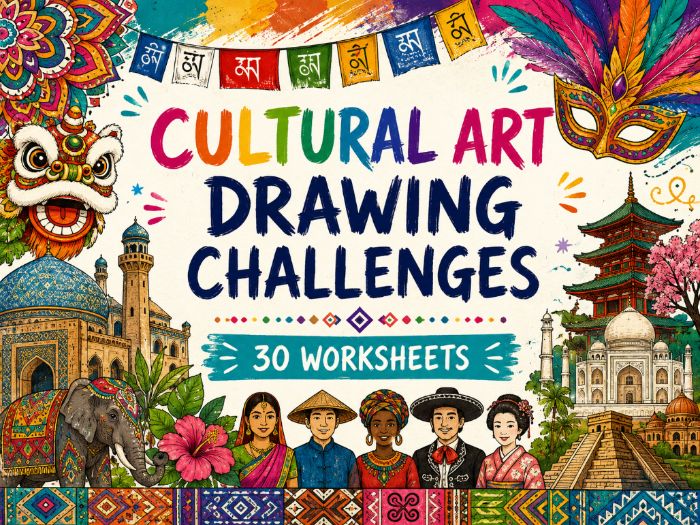 Cultural Art Drawing Challenges | 30 Art Worksheets | KS2 KS3 Art Cover Lessons | Cultural Patterns,