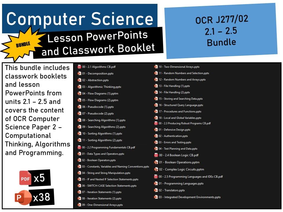 OCR GCSE Computer Science (J277/02) 2.1 - 2.5 Lesson PowerPoints and Classwork Booklet BUNDLE