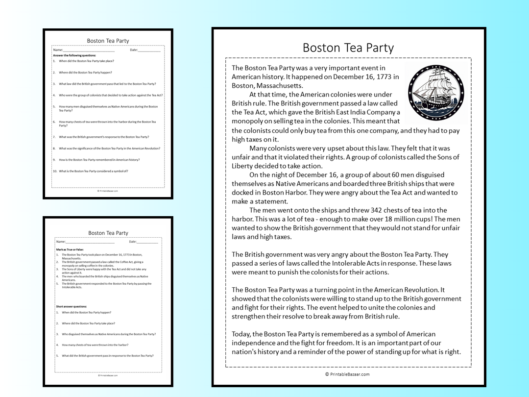 Boston Tea Party Reading Comprehension Passage Printable Worksheet ...