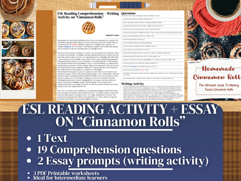 ESL Reading Comprehension + Writing Activity Worksheets on Cinnamon Rolls