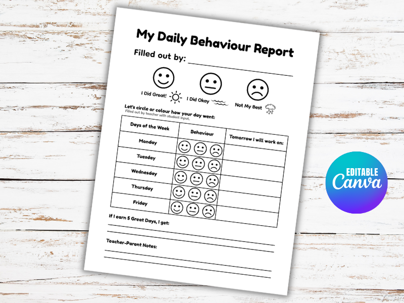 Daily Behavior Report Log Chart for Parent-Teacher Communication Special Education