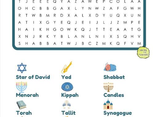 Judaism Symbols Word Search with Illustrations | RE Activity (Ages 7–9)