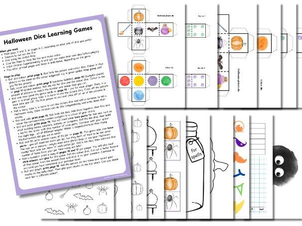 Halloween themed dice with 9 games (18 pages)