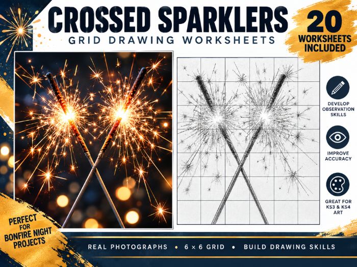 Bonfire Night Crossed Sparklers Grid Drawing Worksheets | 20 Art Activities | KS3 & KS4