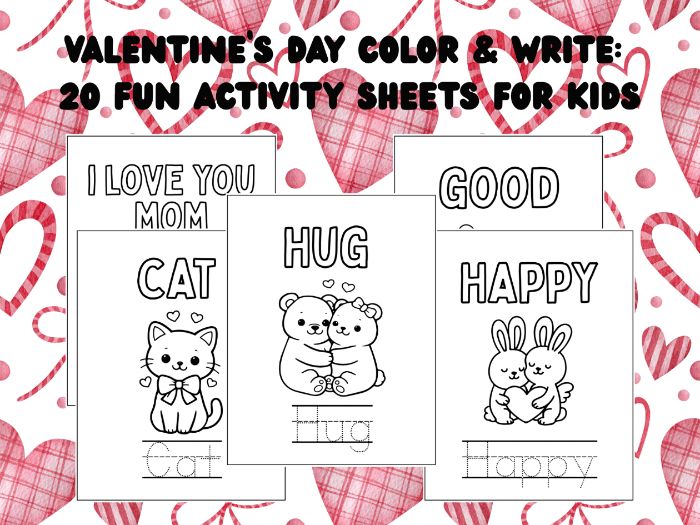 Valentine’s Day Color & Write: 20 Fun Activity Sheets