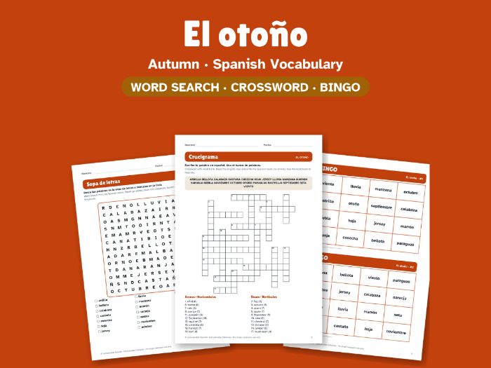 Autumn in Spanish: Word Search, Crossword & Bingo