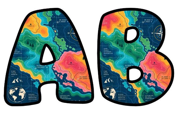 Topographic Adventure Map Bubble Letters | Geography Topic Bulletin Board Letters