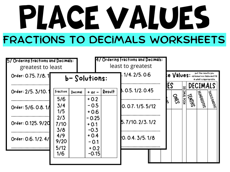 Place Value Fractions to Decimals Worksheets | Conversion & Practice Activities
