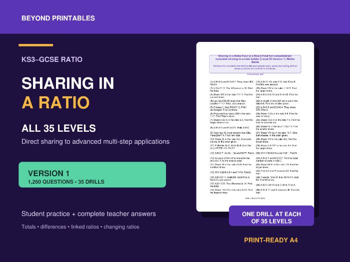 Sharing in a Ratio Skill Drills | 35 Levels | 1,260 Questions