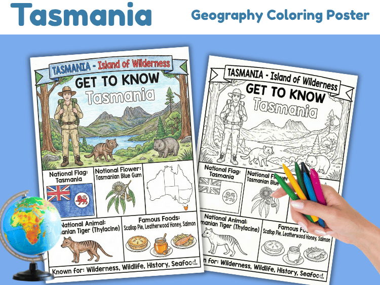 Tasmania Geography Coloring Poster | Australian State Facts