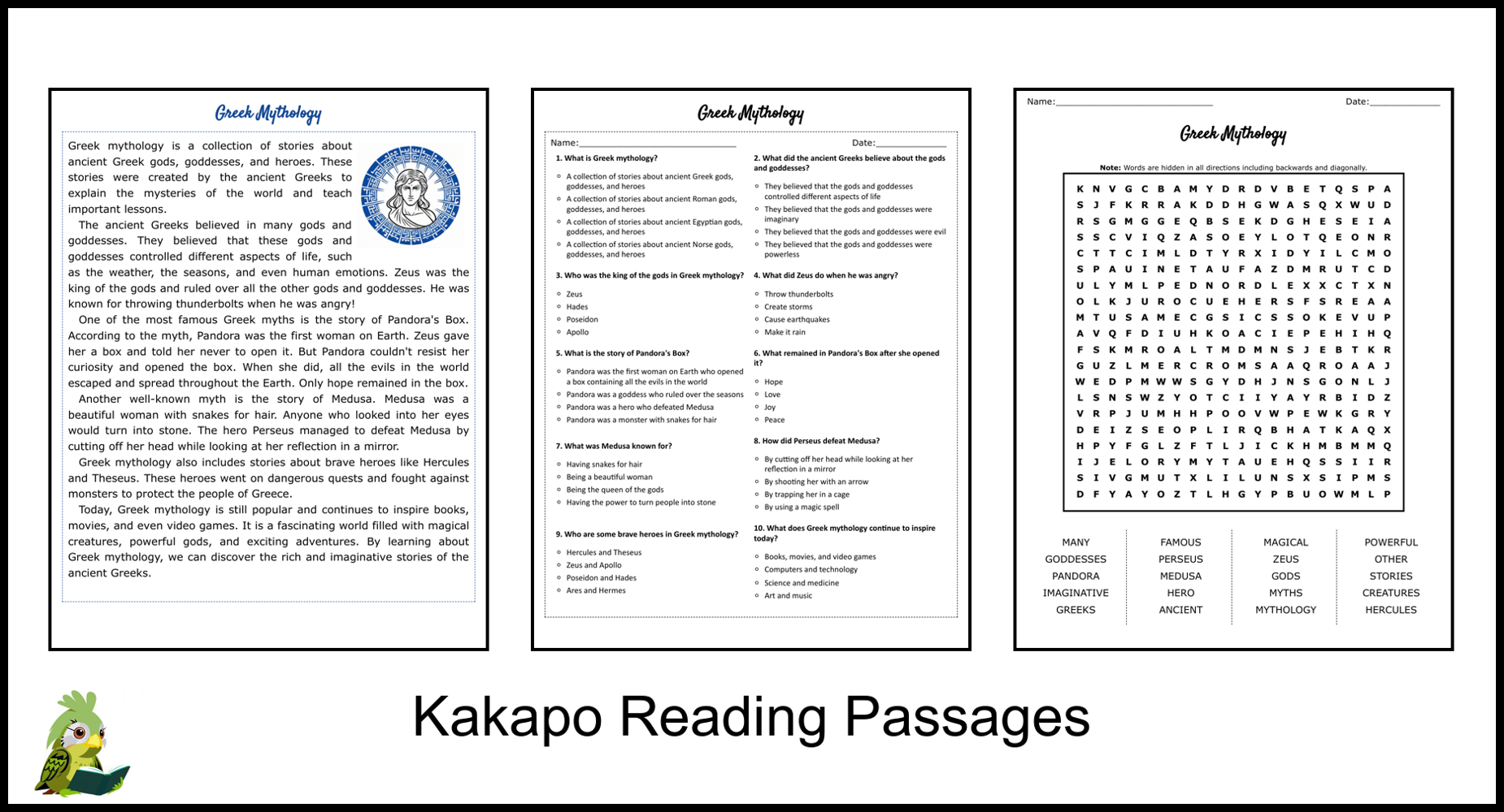 Greek Mythology Reading Comprehension Worksheets