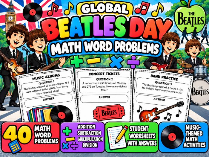 Global Beatles Day Math Word Problems | 40 Music-Themed Math Problems & Answer Key
