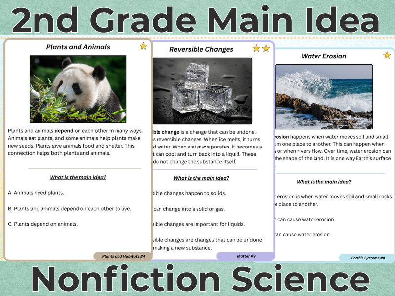 2nd Grade Main Idea Task Cards | Nonfiction Reading Comprehension | Science