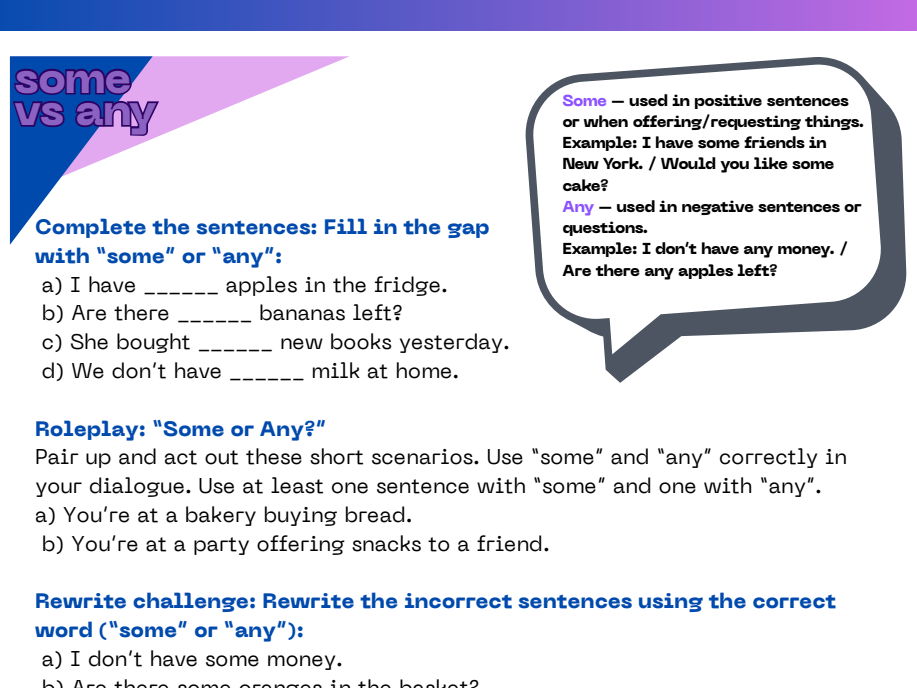 Some vs Any - Grammar Worksheet for ESL Learners