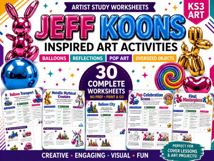 Jeff Koons Inspired Art Worksheets – 30 Creative KS3 Art Activities | Pop Art, Balloons & Sculpture