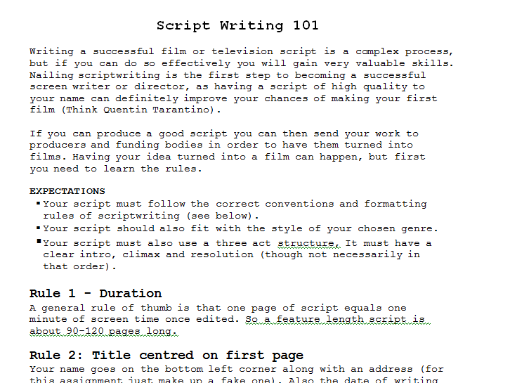 Introduction to Script Writing for Film and Television