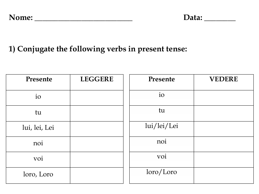 Italian Present Tense -ERE Regular Verbs Worksheets