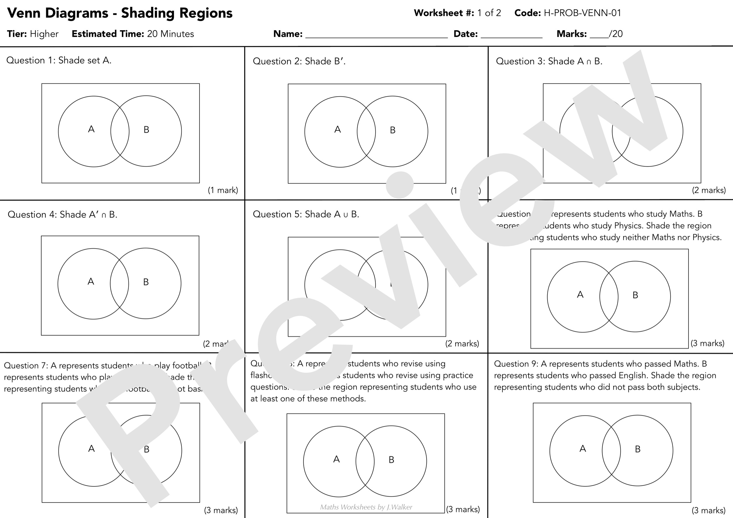 GCSE Maths Worksheet: Venn Diagrams - Shading Regions - Higher Tier ...