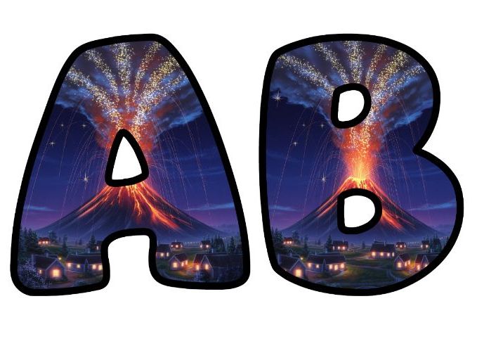 Volcano City Night Time Classroom Display Lettering Set | Upper & Lowercase Letters, 0-9 and Signs