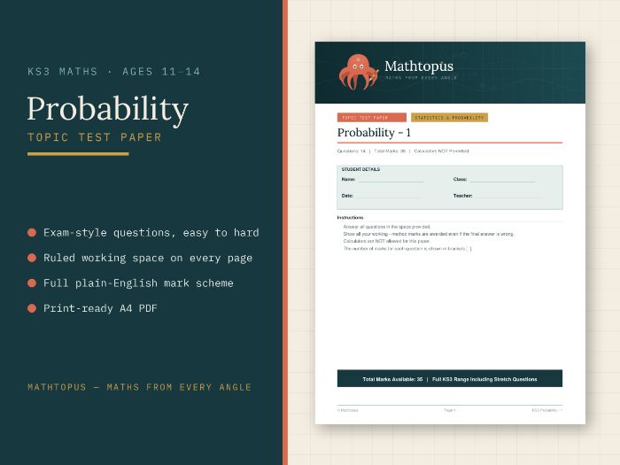 KS3 Probability Test Paper with Mark Scheme (35 marks, ages 11-14)