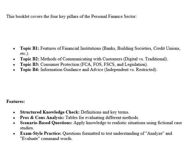 Personal Finance Sector | unite 3 Revision Guide | Financial Institutions & Protection