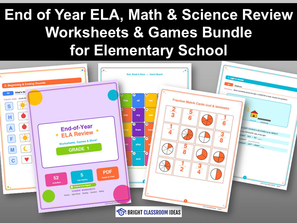 End of Year ELA, Math & Science Review Worksheets & Games Bundle | Grades 1 - 5