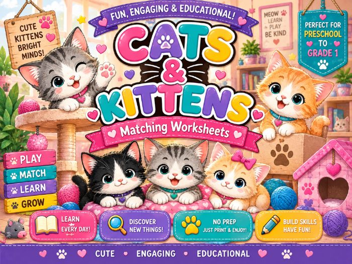 Cats & Kittens Matching Worksheets | Picture, Shadow, Letters, Numbers, Shapes & Colors |Preschool–1