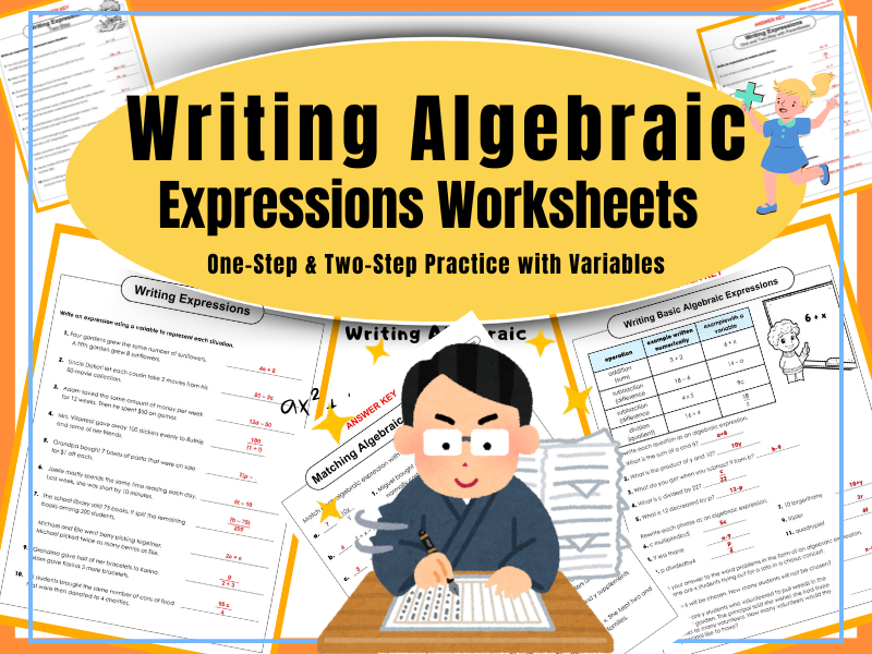 Writing Algebraic Expressions Worksheets | One-Step & Two-Step Practice with Variables